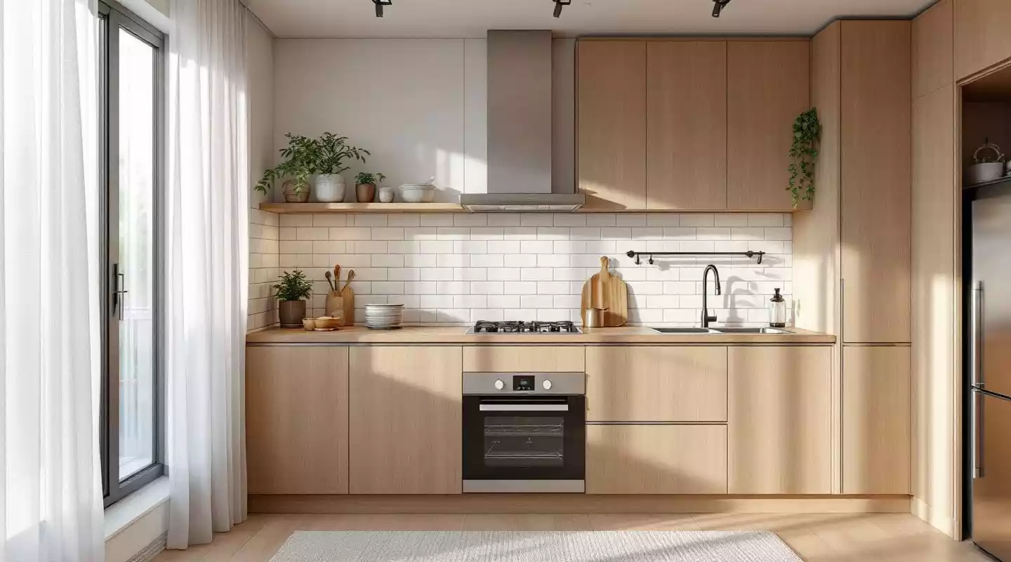 Cuisine contemporaine dans un appartement marseillais avec carrelage métro et plan de travail en bois