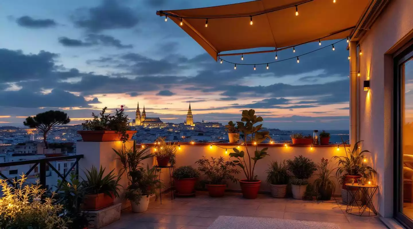 Terrasse sur le toit d'un appartement marseillais avec vue sur Notre-Dame de la Garde au crépuscule