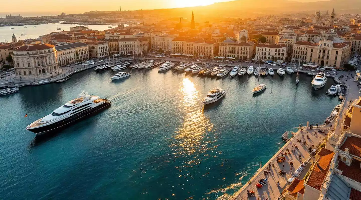 Vue panoramique du Vieux-Port de Marseille au coucher du soleil, avec ses bateaux et bâtiments historiques