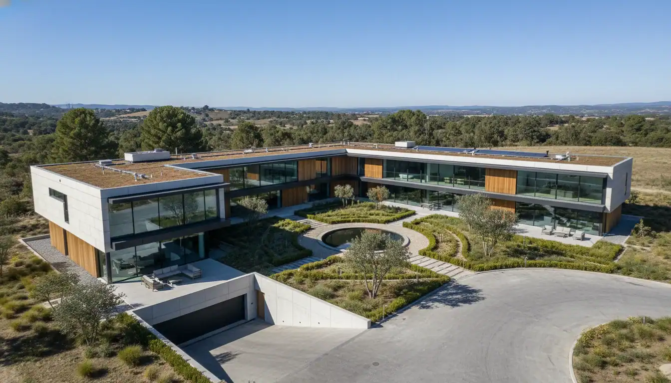 Vue aérienne d'un bâtiment résidentiel moderne en L, entouré de verdure urbaine.
