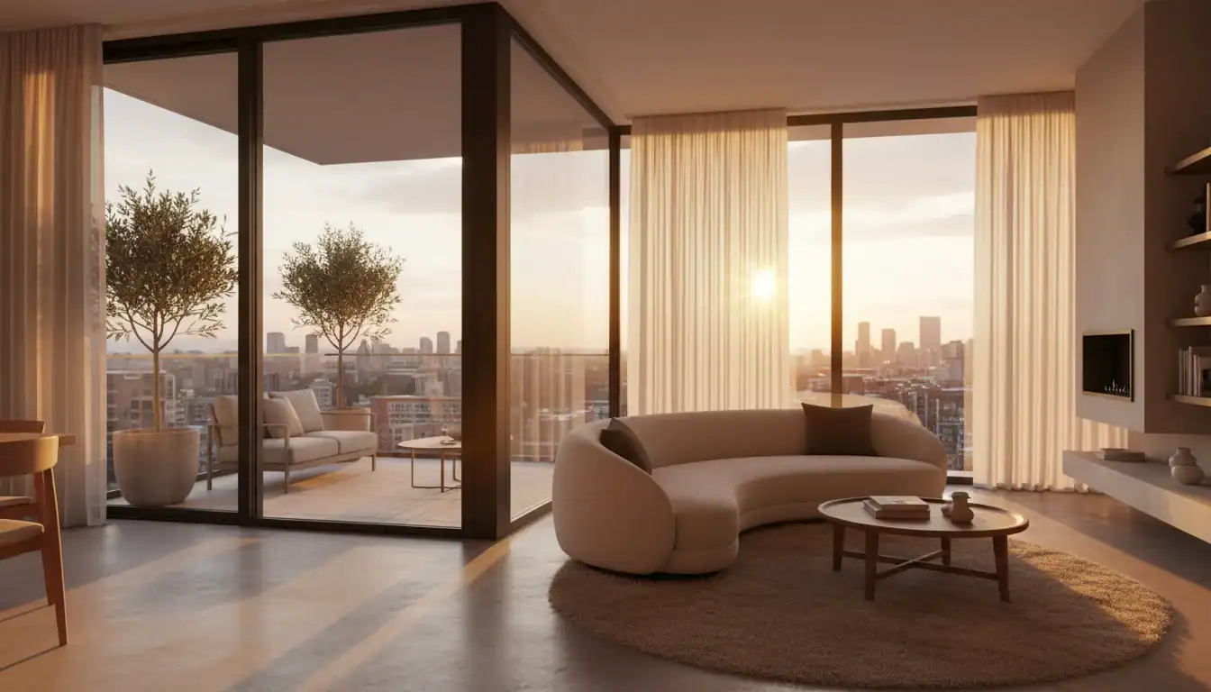 Intérieur lumineux d'un appartement en L, bénéficiant d'une double exposition et d'une terrasse privée.