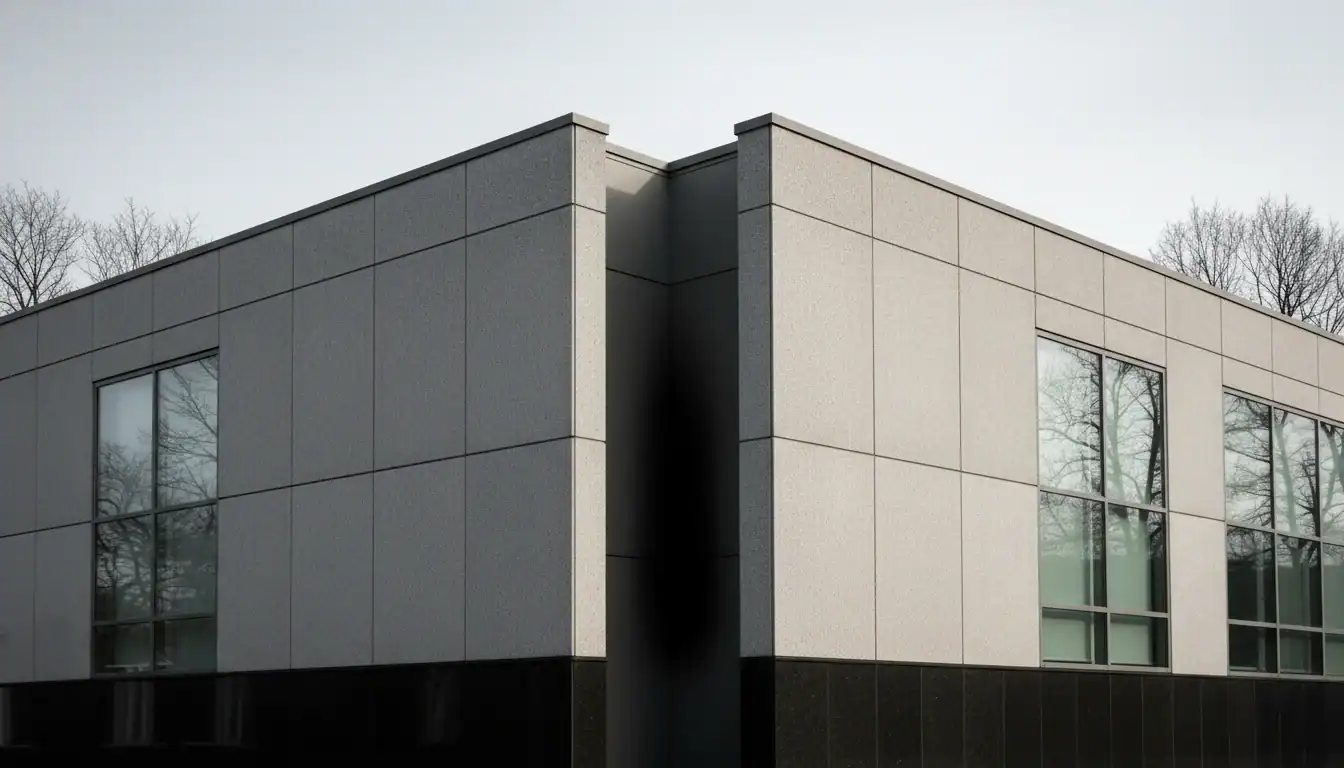 Coin sombre d'une façade de bâtiment en L, illustrant un risque de zone peu éclairée.