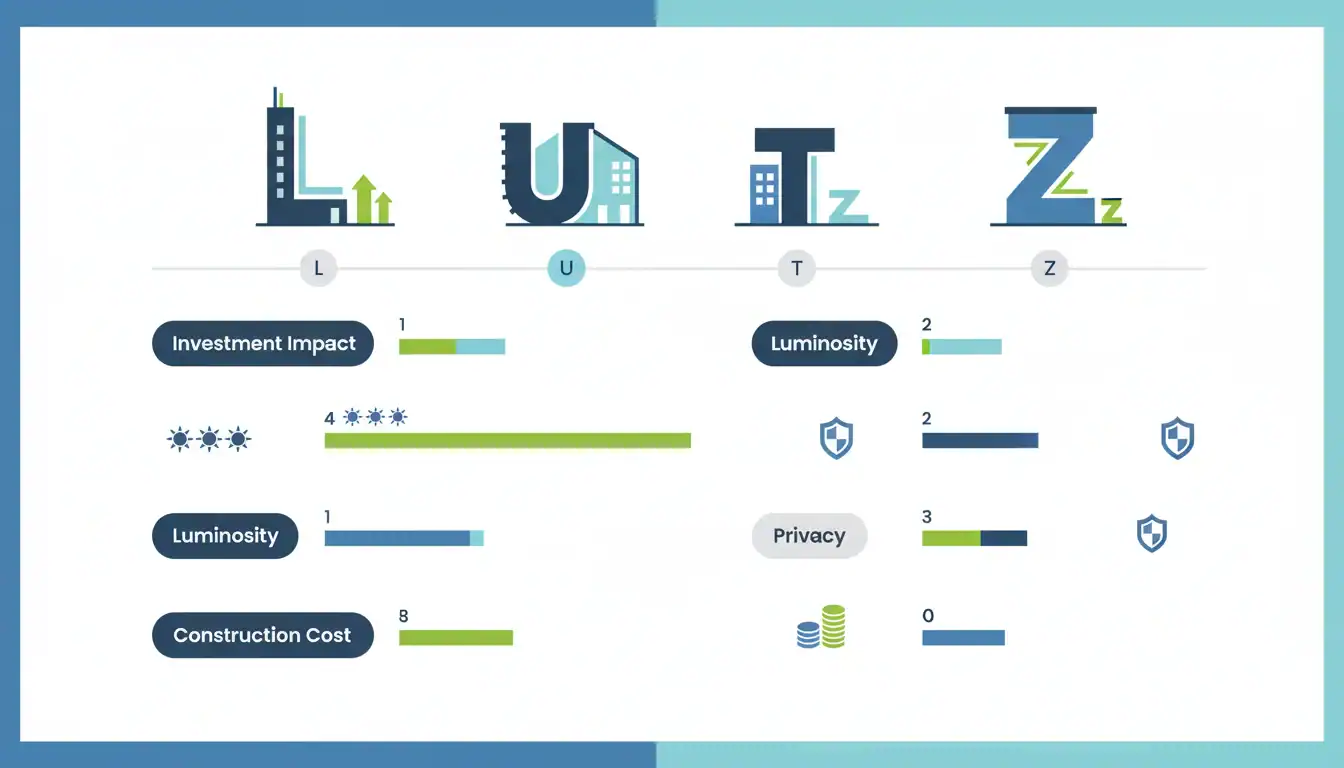 Infographie comparant les formes architecturales L, U, T, Z pour l'investissement immobilier.
