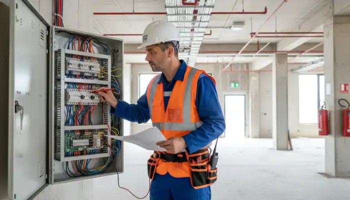 Coordinateur SSI inspectant système sécurité incendie chantier immobilier moderne, France 2026.