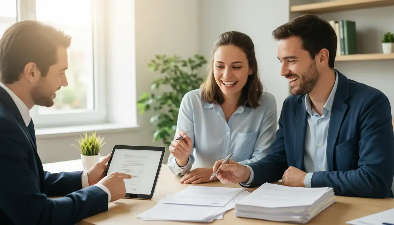 Prêt immobilier Crédit Agricole: couple signant documents, conseiller bancaire.