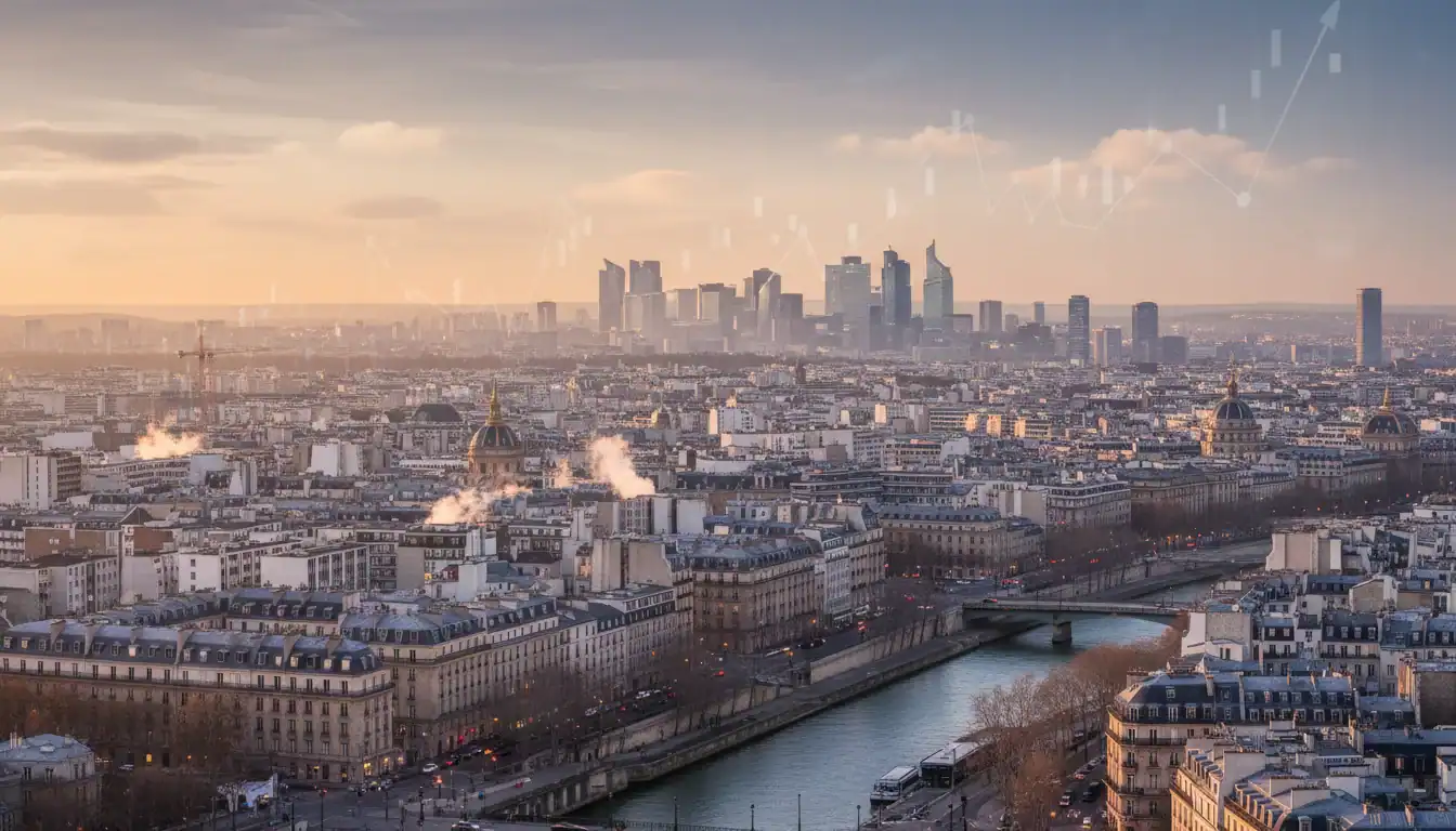 Dynamique immobilier 2025: skyline parisienne moderne, symbolisant l'investissement et la croissance.