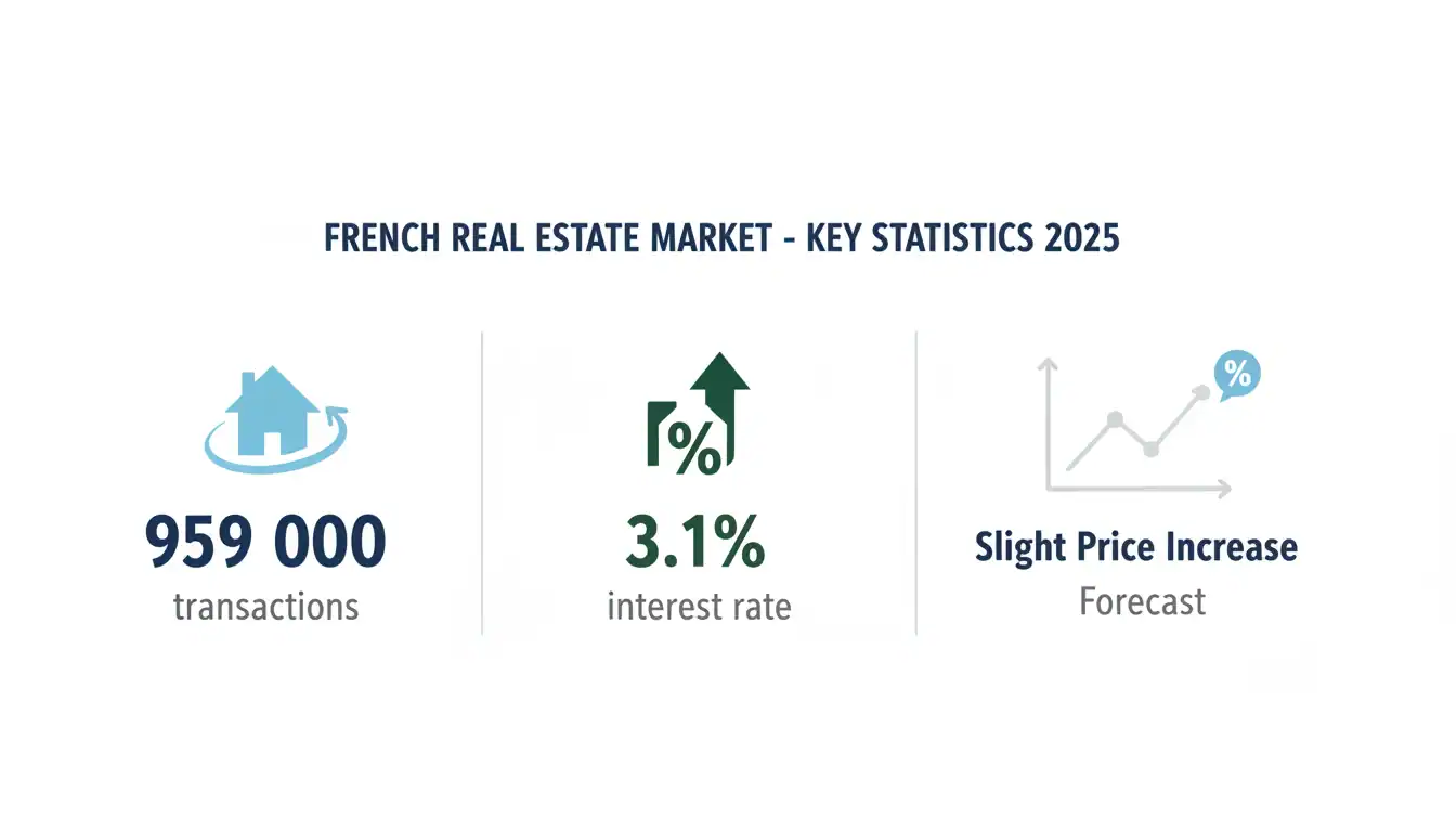 Infographie claire : chiffres clés du marché immobilier français 2025, transactions et taux.