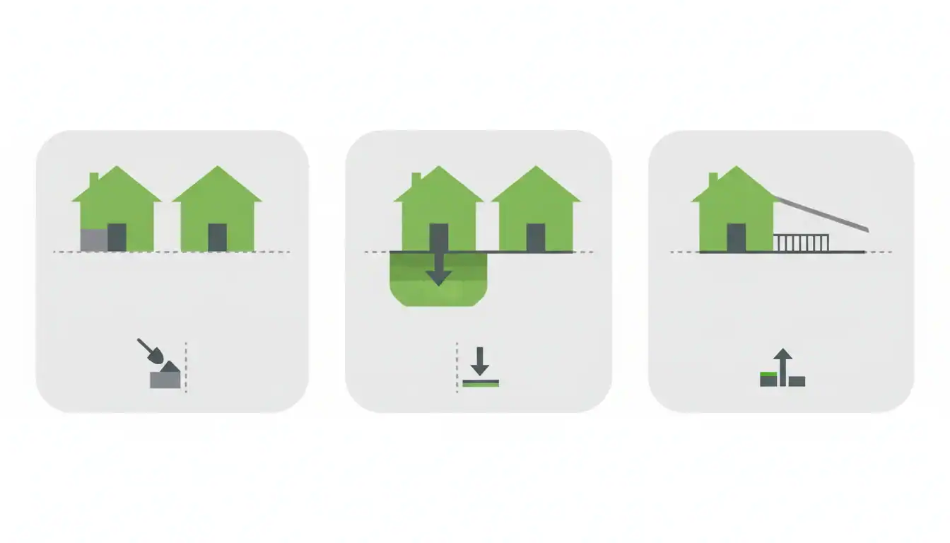 Infographie des trois formes principales d'empiètement immobilier : sol, sous-sol, surplomb.