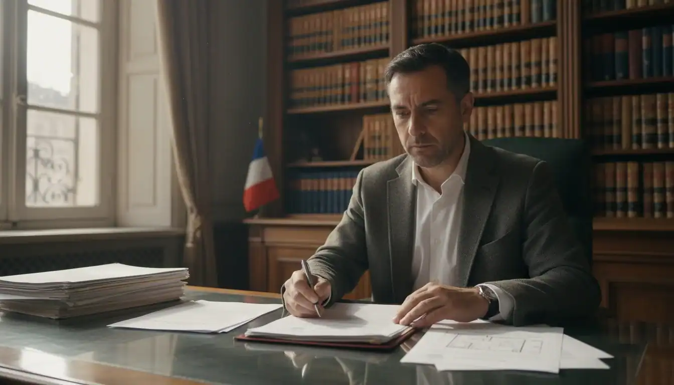 Propriétaire français consultant des documents juridiques sur un empiètement immobilier avec un notaire.