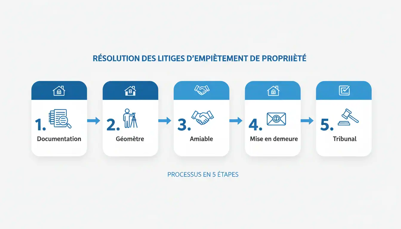Infographie claire du protocole d'action en 5 étapes face à un empiètement immobilier.