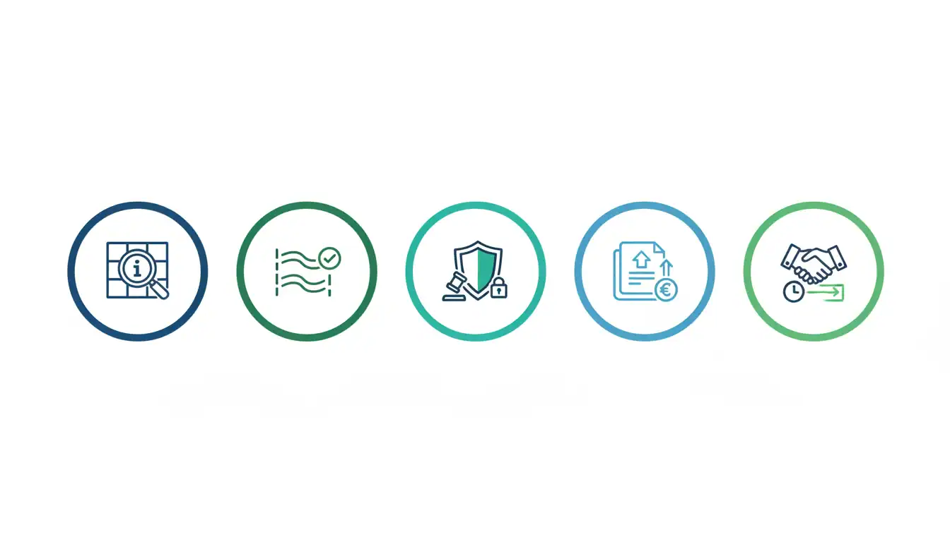 Infographie des 5 fonctionnalités clés de Géofoncier Expert pour investisseur immobilier.