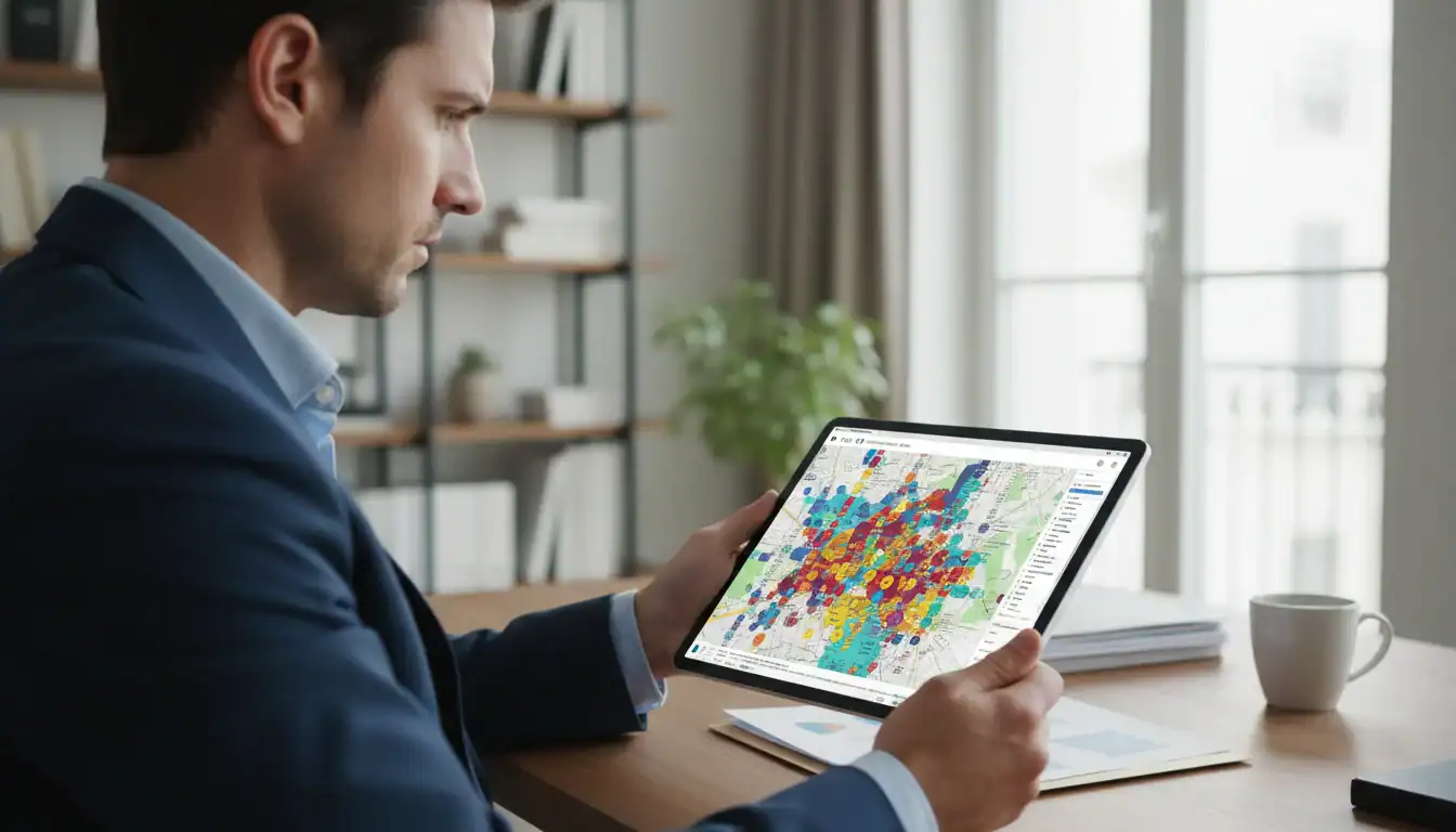 Consultation des prix immobiliers réels avec DVF Expert sur Géofoncier, tablette.