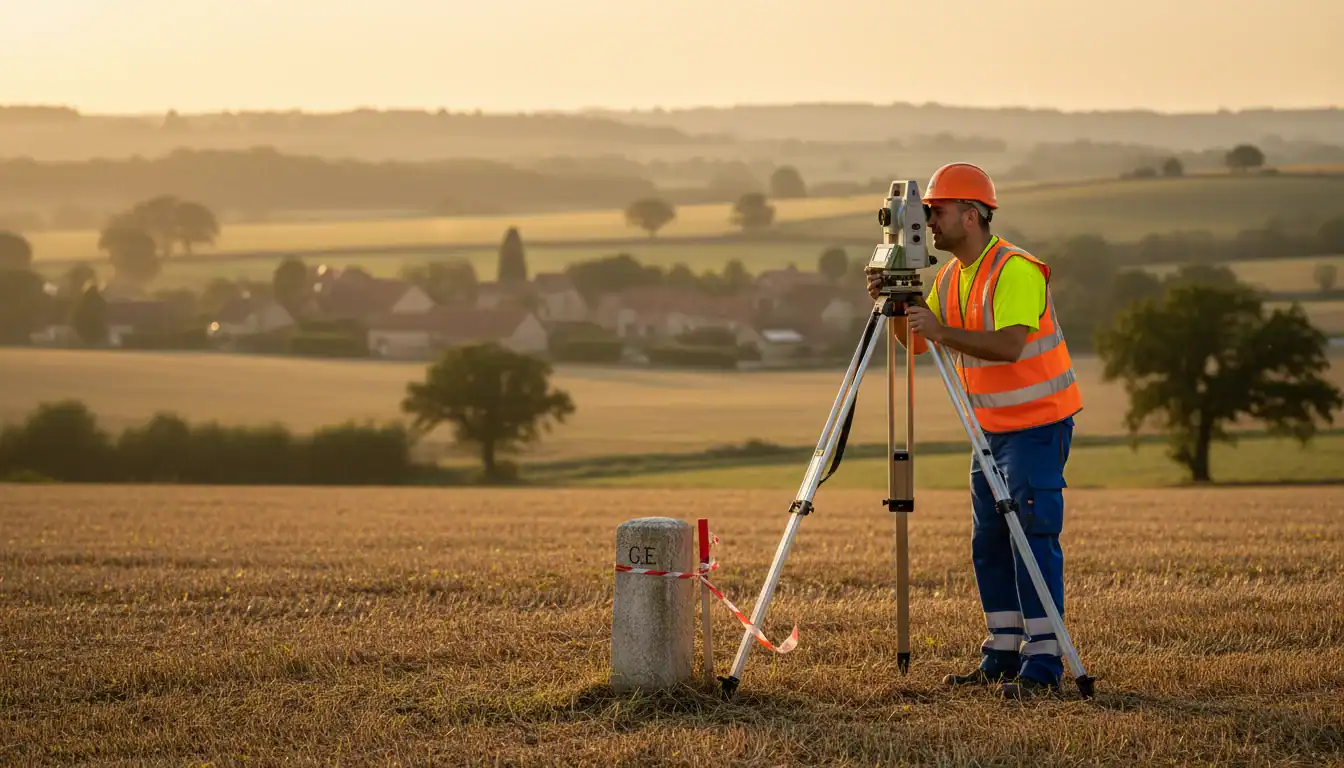 Géomètre-expert vérifiant bornage propriété, sécurisant limites foncières avant achat.