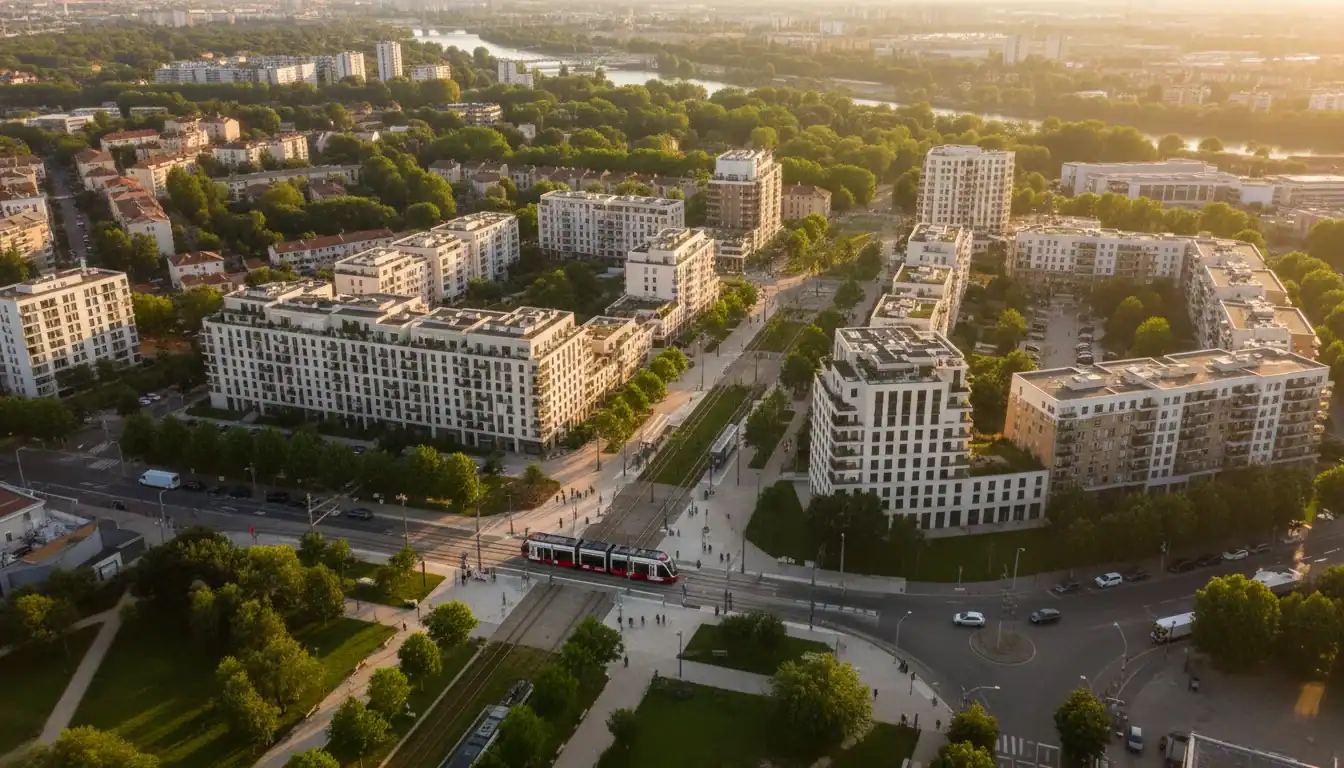 Quartier neuf Grand Parilly Vénissieux, architecture moderne, espaces verts, investissement immobilier.