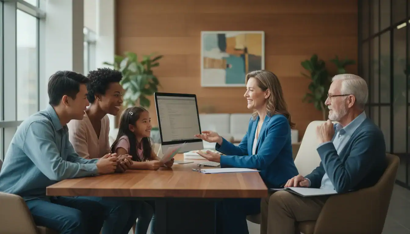 Famille diverse discutant avec conseiller, accès logement social Hauts-de-Seine.