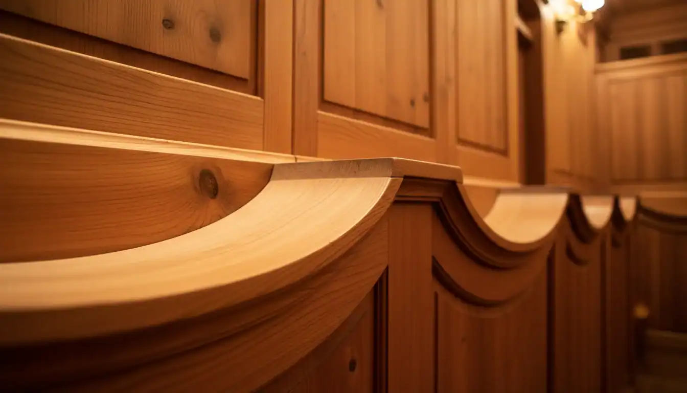 Détails intérieurs en bois de La Grange au Lac, ambiance chaleureuse et acoustique.