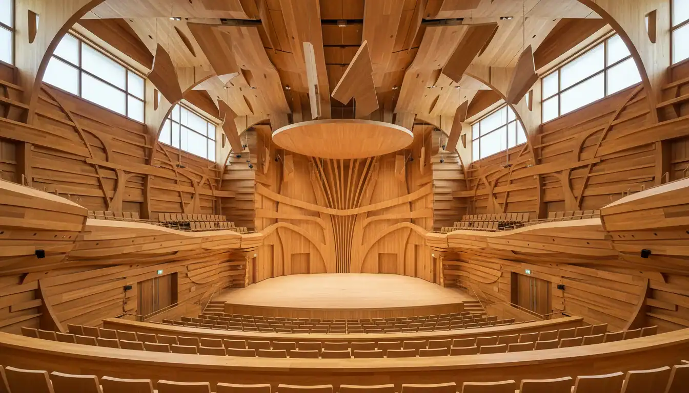 Intérieur de La Grange au Lac, acoustique exceptionnelle comparée à un violoncelle.
