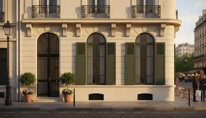 Façade appartement rez-de-chaussée élégant, opportunité d'investissement immobilier urbain à Paris.