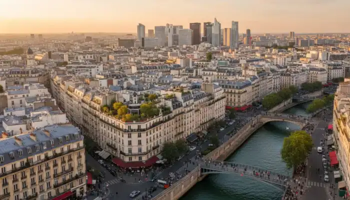 Paysage urbain français dense, symbolisant la crise du logement en zone tendue.