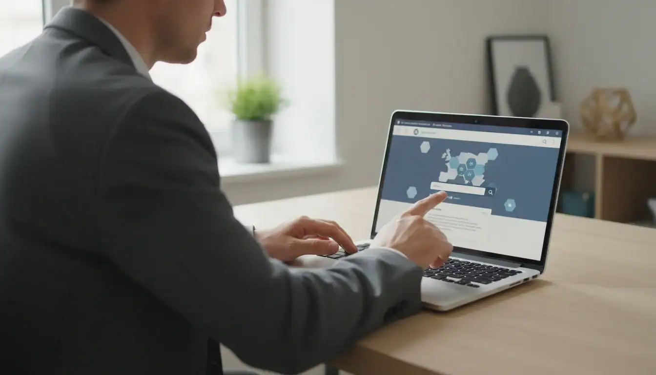 Personne vérifiant le statut de sa commune en zone tendue sur un écran d'ordinateur.