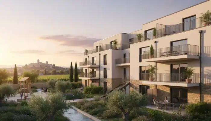 Façade moderne d'un immeuble de logement social dans l'Aude sous le soleil.