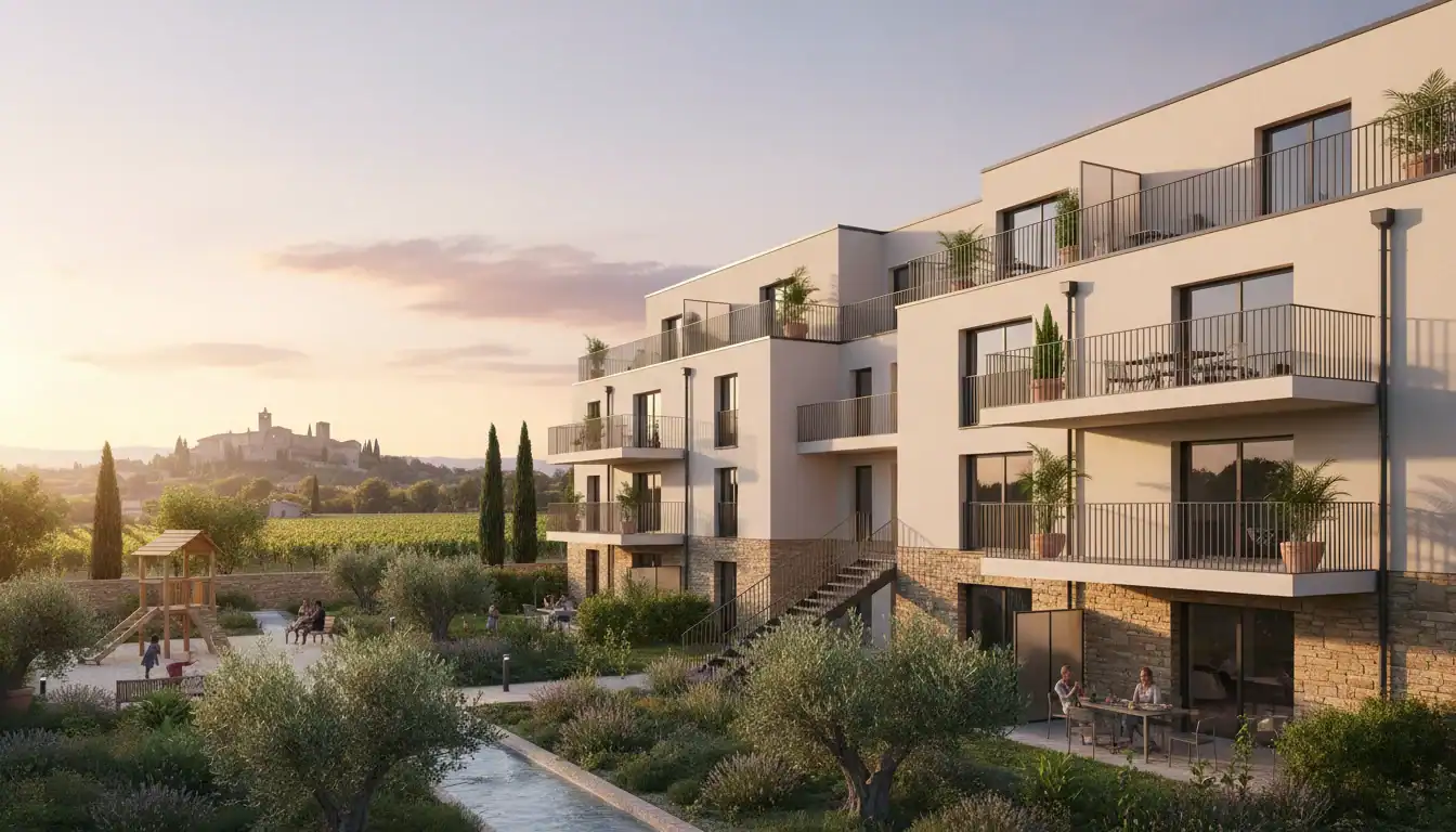 Façade moderne d'un immeuble de logement social dans l'Aude sous le soleil.