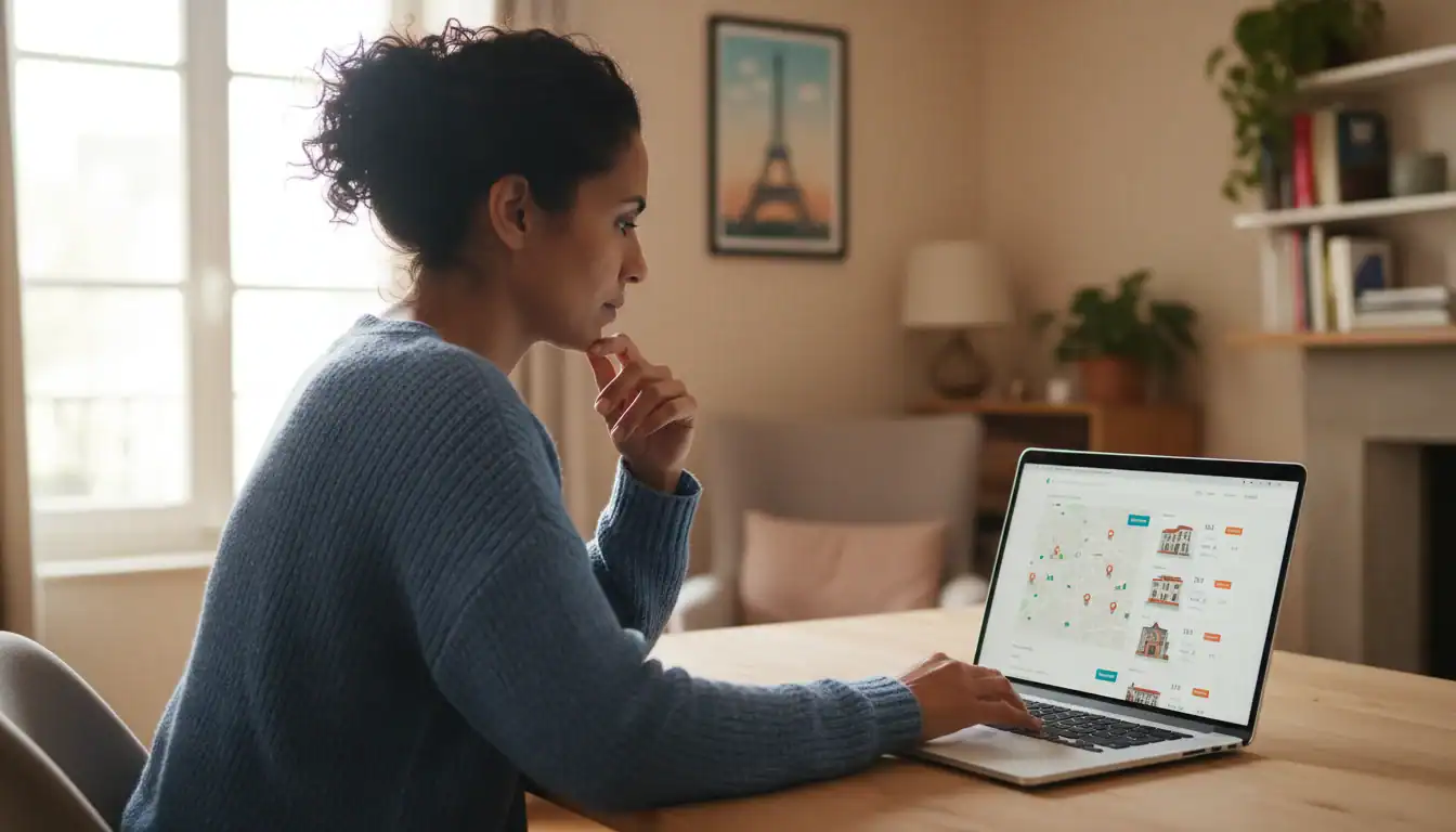 Femme naviguant sur un site web pour trouver un logement social Aude.