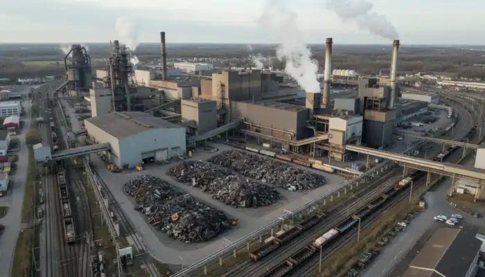 Vue aérienne moderne aciérie LME Valenciennes, complexe industriel, impact économique local.