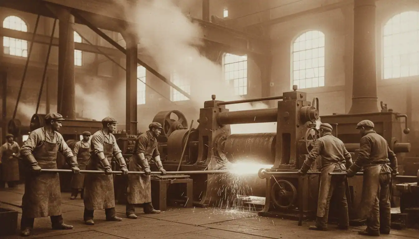 Photographie ancienne aciérie française 1875, ouvriers sidérurgistes, patrimoine industriel Valenciennes.