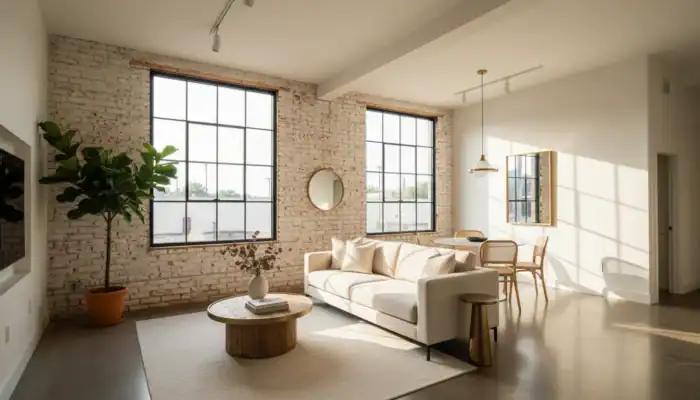 Intérieur moderne et stylé d'un local commercial transformé en Airbnb réussi.