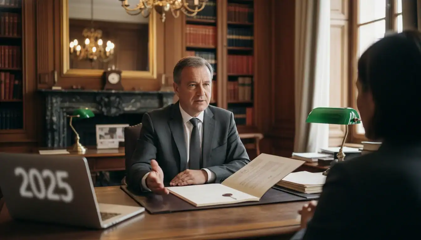 Notaire expliquant la réglementation 2025 sur les locaux commerciaux Airbnb avec documents.