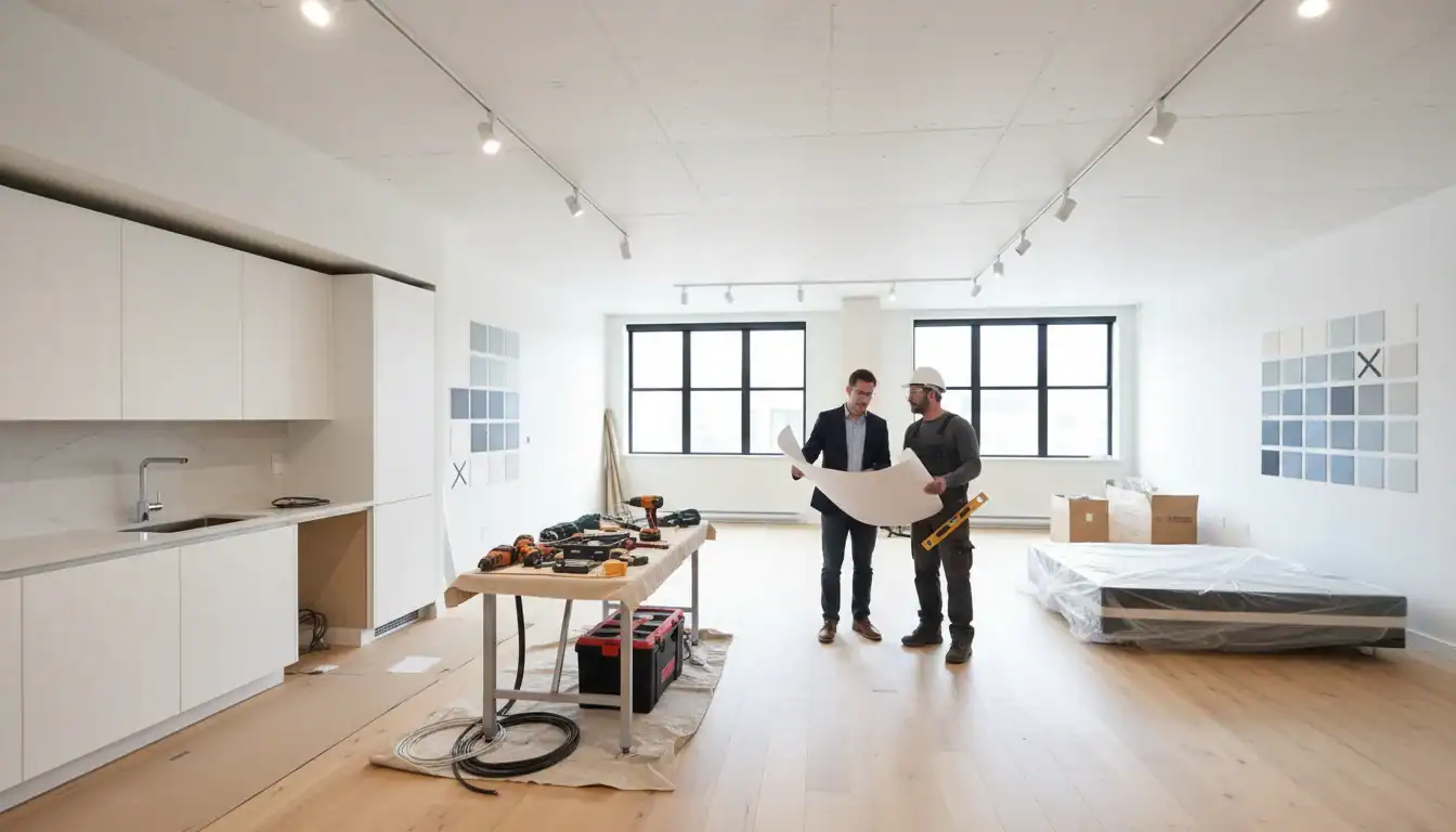 Rénovation d'un local commercial en hébergement Airbnb, étapes de transformation modernes.