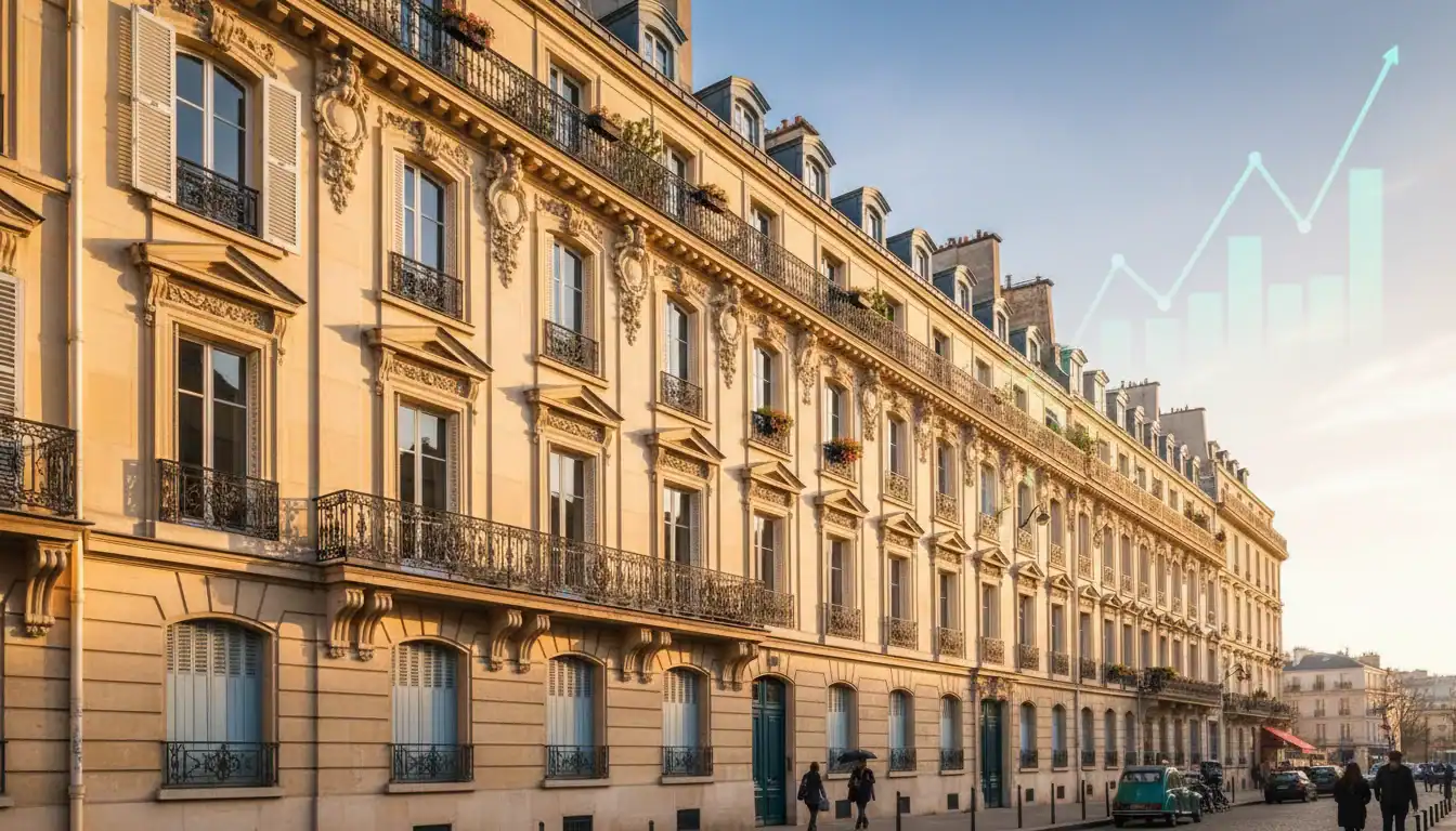 Façade élégante d'un immeuble haussmannien parisien, symbolisant le logement collectif et l'investissement.