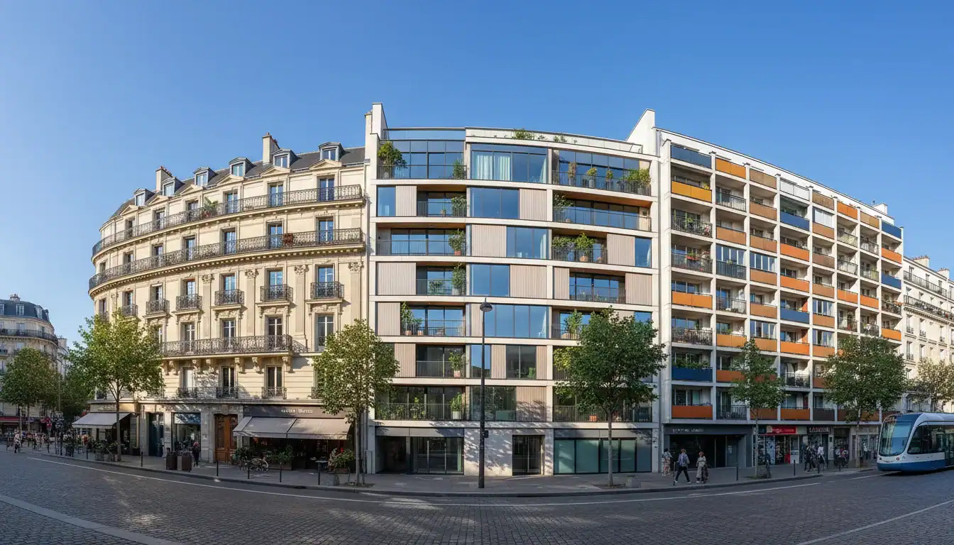 Diversité architecturale des immeubles collectifs français, du classique au moderne urbain.