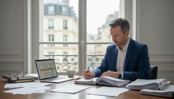 Marchand de biens analysant documents fiscaux immobiliers pour optimiser la TVA.