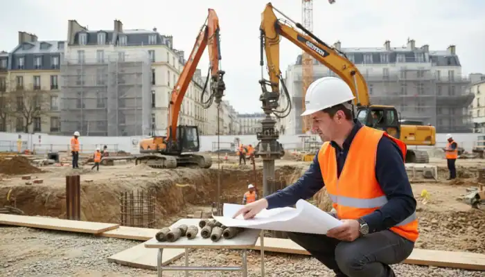 Ingénieur géotechnique sur chantier français, étudiant les fondations pour la Mission G3.