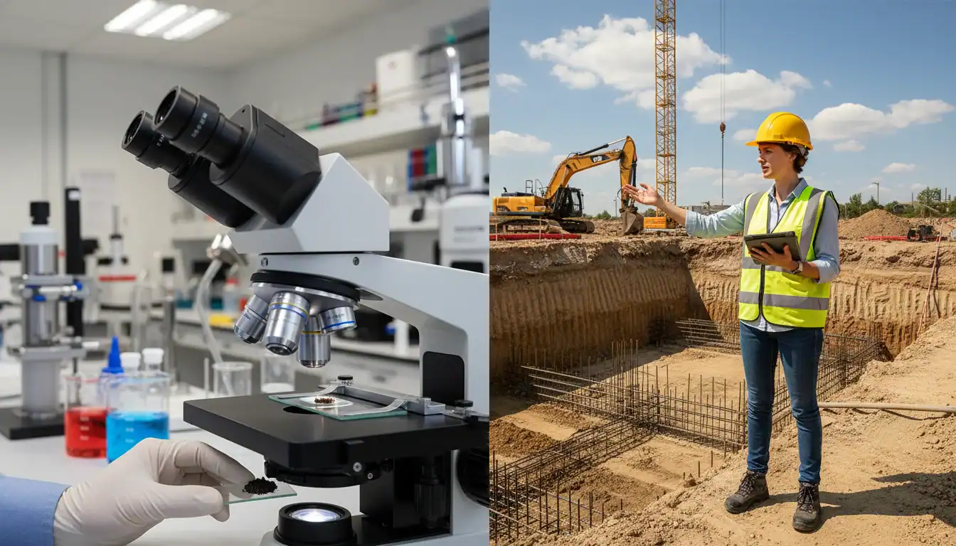 Phases de l'étude géotechnique G3: analyse de sol en laboratoire et suivi chantier.