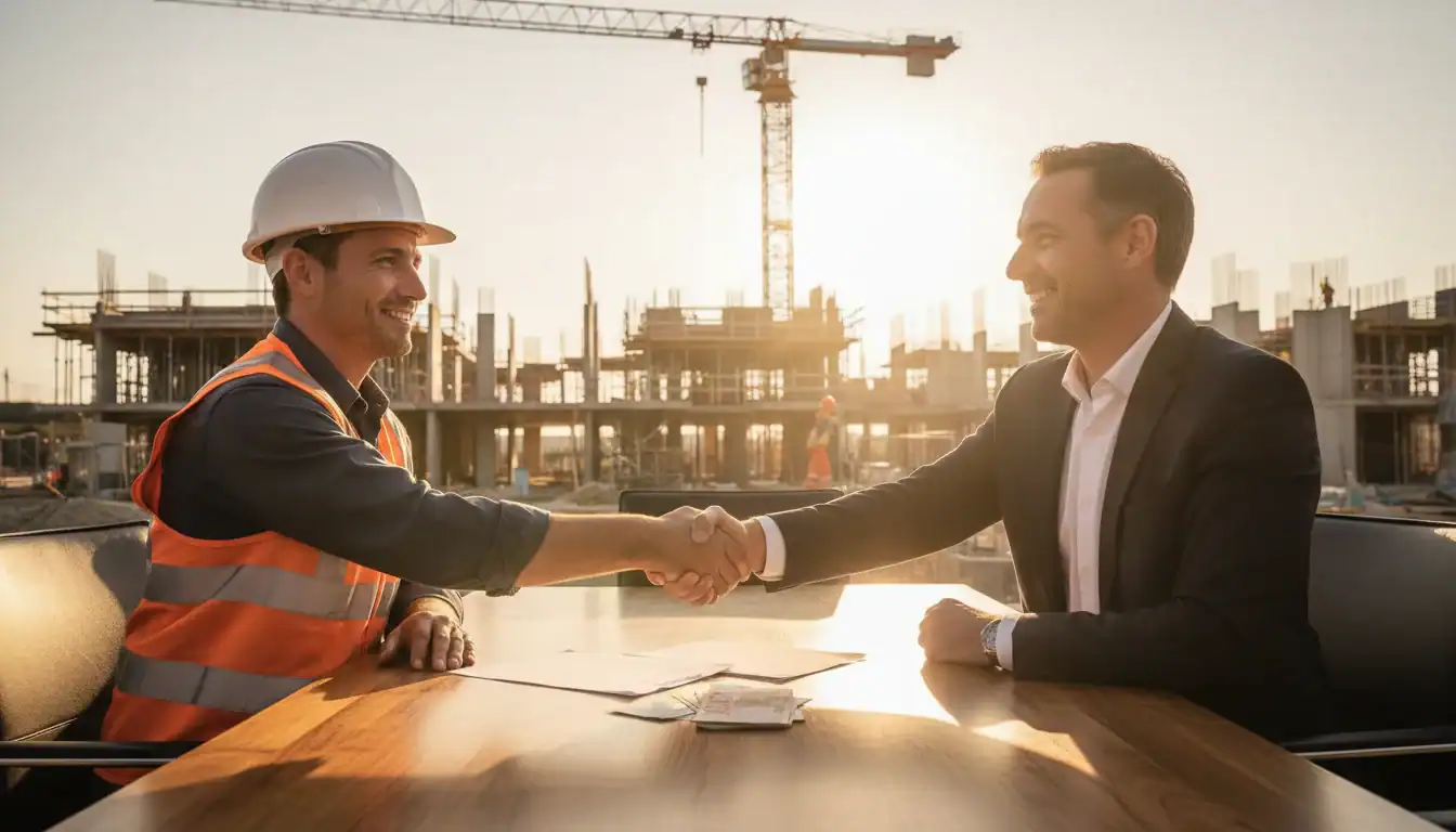 Entrepreneurs et maître d'ouvrage signant un contrat de Mission G3 sur chantier.